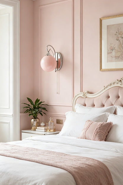 Single pink glass wall light | Metal, Glass | Bedside installation in feminine classic bedroom | vexa lamps