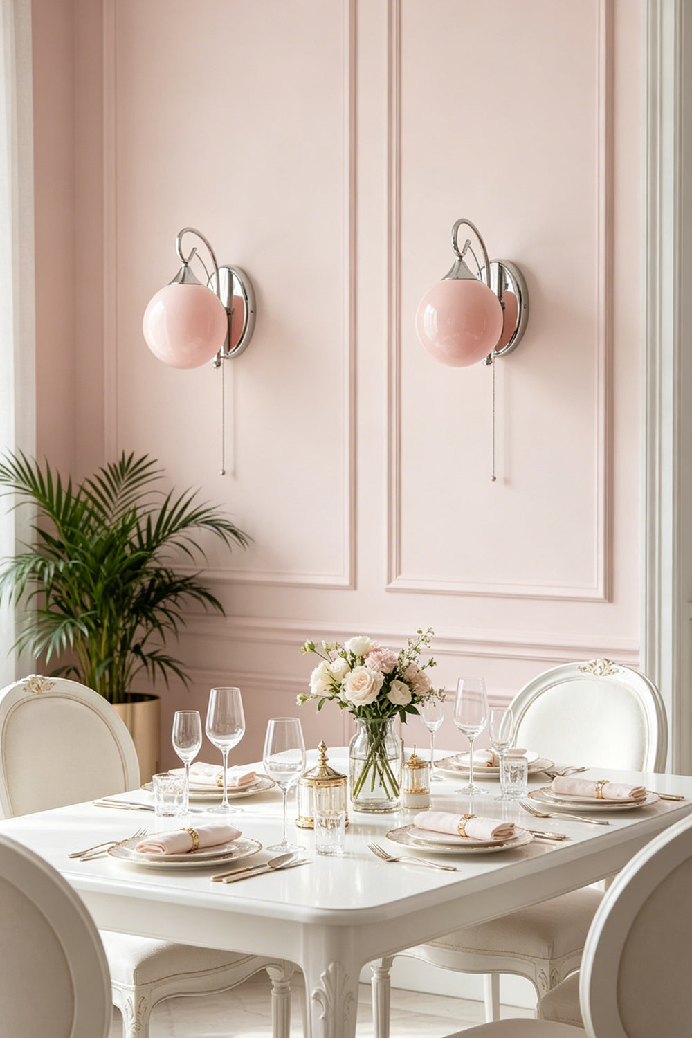 Pair of pink globe wall sconces | Metal, Glass | Sophisticated dining room with paneled pink walls | vexa lamps