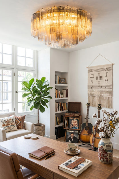 Elysian Tiered Fluted Ceiling Light | Glass, Metal | Installed as grand overhead room lighting in a warm bohemian office space with books, guitars, and a wooden writing desk | vexa lamps