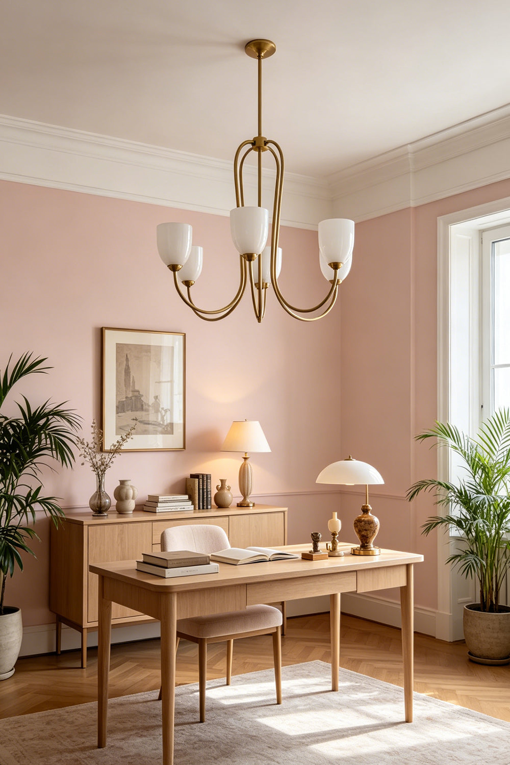 6-light Ethereal Floret Lacquer Chandelier with white shades | Metal, Glass | Over a wooden dining table in a rustic dining room | vexa lamps