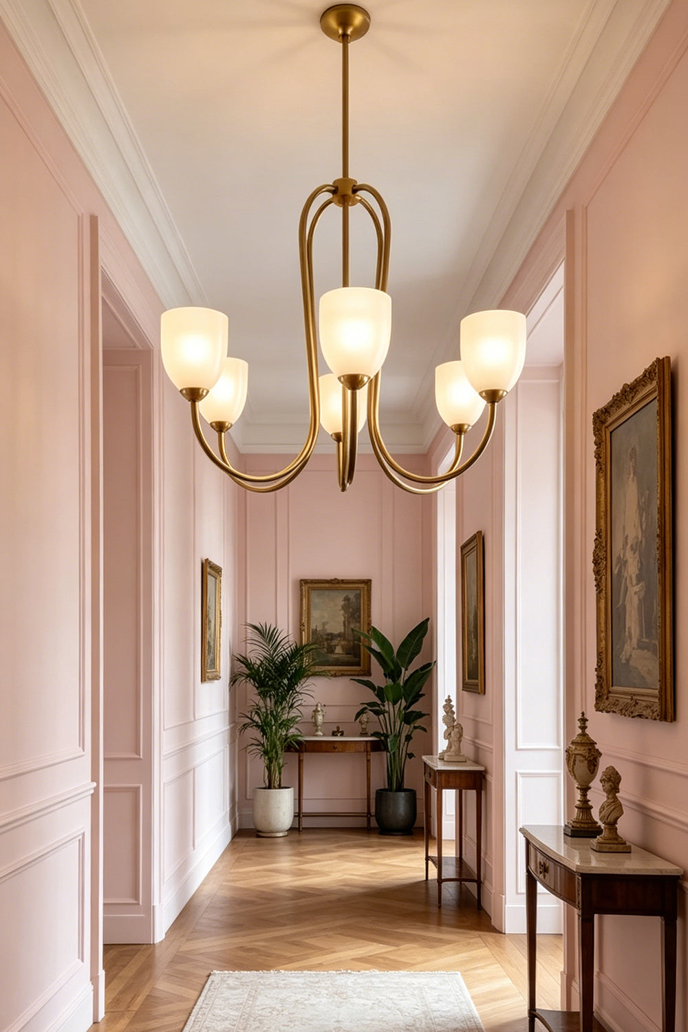 6-light Ethereal Floret Lacquer Chandelier with pink shades | Metal, Glass | Hanging in a narrow hallway with console table | vexa lamps