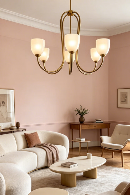 6-light Ethereal Floret Lacquer Chandelier with pink shades | Metal, Glass | Centered over a kitchen island in a modern space | vexa lamps