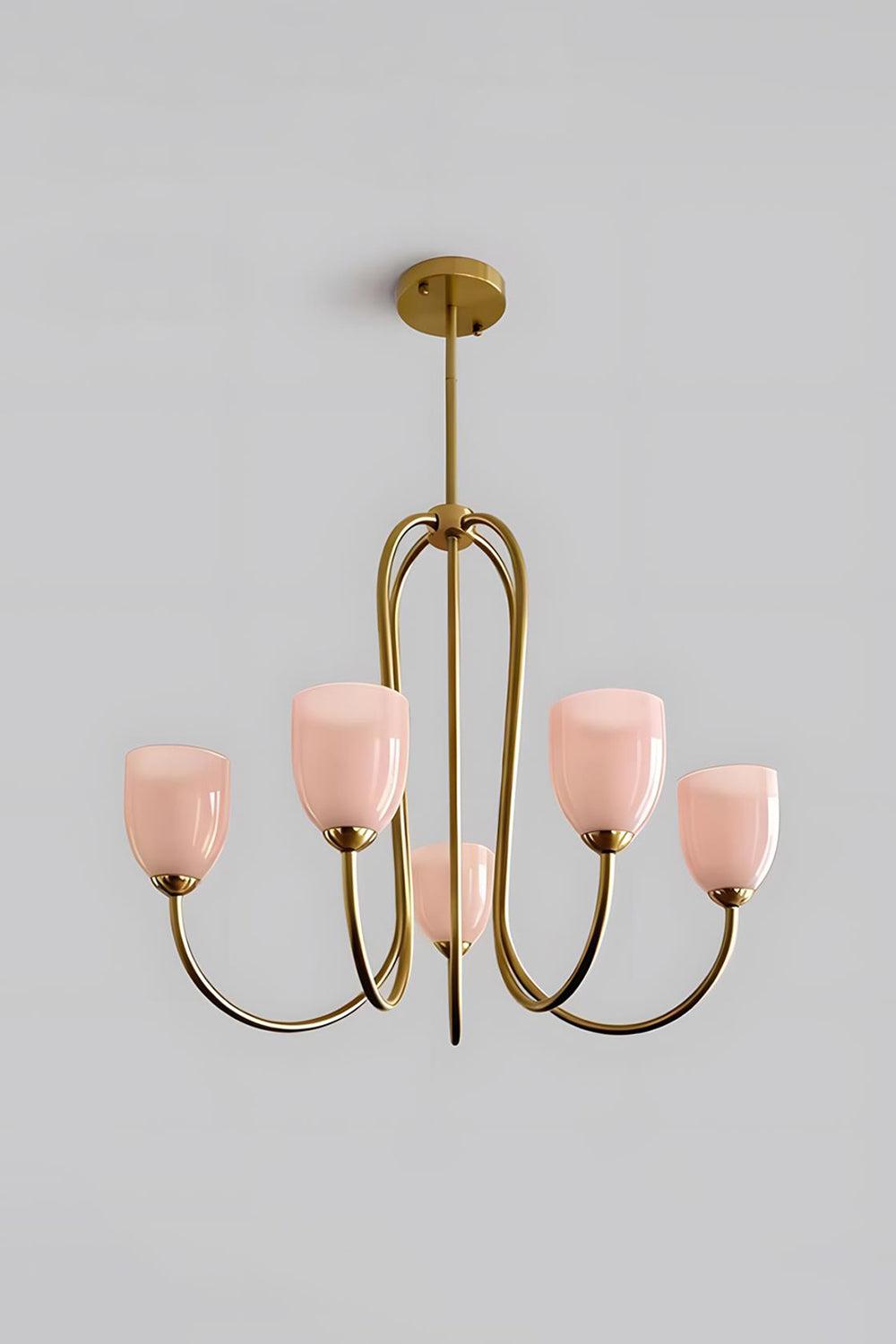 5-light Ethereal Floret Lacquer Chandelier with pink glass shades | Metal, Glass | Isolated product shot on white background | vexa lamps