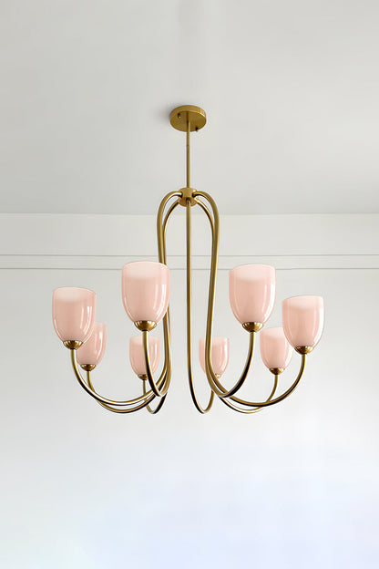 8-light Ethereal Floret Lacquer Chandelier with pink glass shades | Metal, Glass | Isolated product shot on white background | vexa lamps