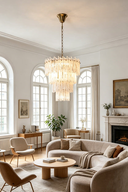 Ethereal Icicle Waterfall Chandelier | Glass, Metal | Alternate view of the bright luxury living room showcasing the warm light filtering through the tiered icicle glass | vexa lamps