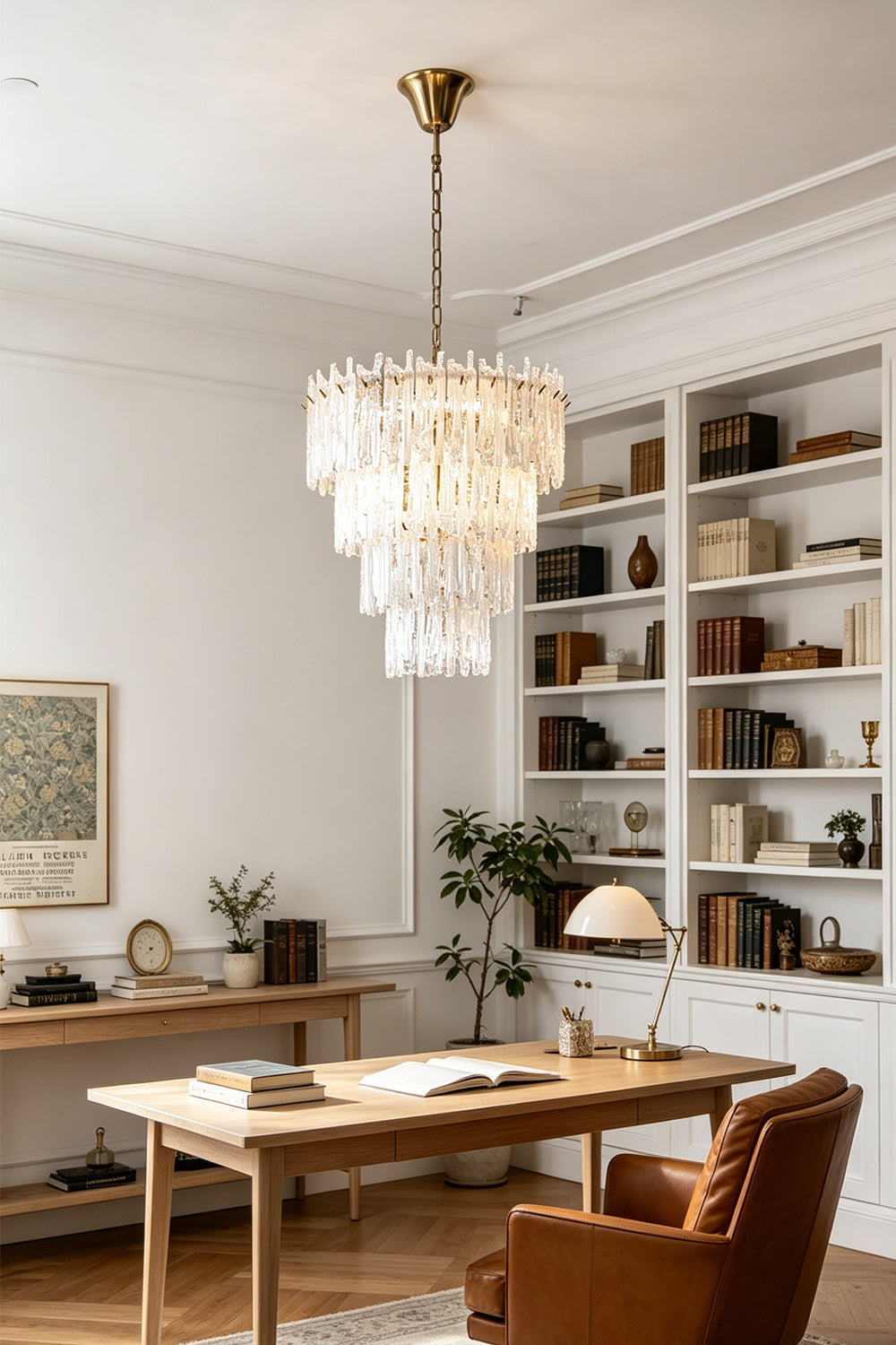 Ethereal Icicle Waterfall Chandelier | Glass, Metal | Suspended as central illumination in a sophisticated home office with a wooden desk and large bookshelves | vexa lamps