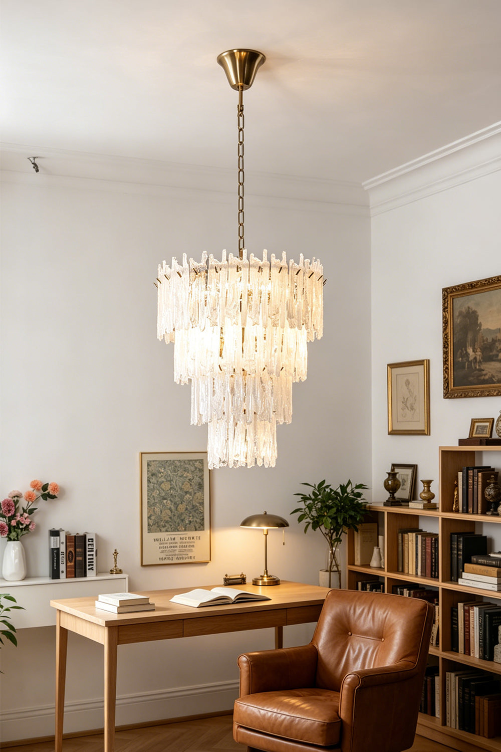Ethereal Icicle Waterfall Chandelier | Glass, Metal | Providing a warm ambient glow over an executive desk set up in a traditional-style library room | vexa lamps