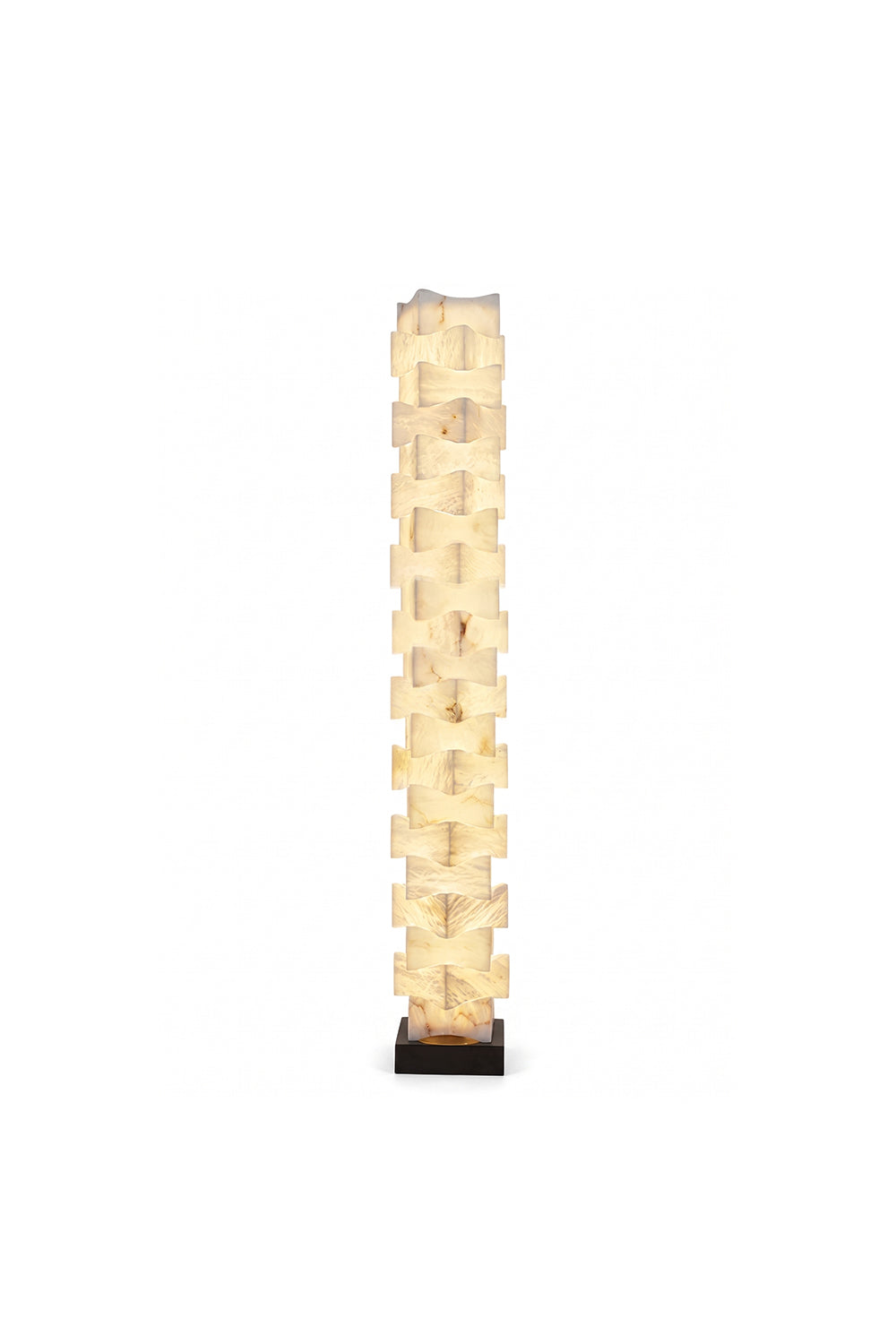 Ethereal Monolith Alabaster Floor Lamp | Lit, intricate stacked-block structure | Warm internal glow with marble veining | Square pillar form | Isolated on white | vexa lamps