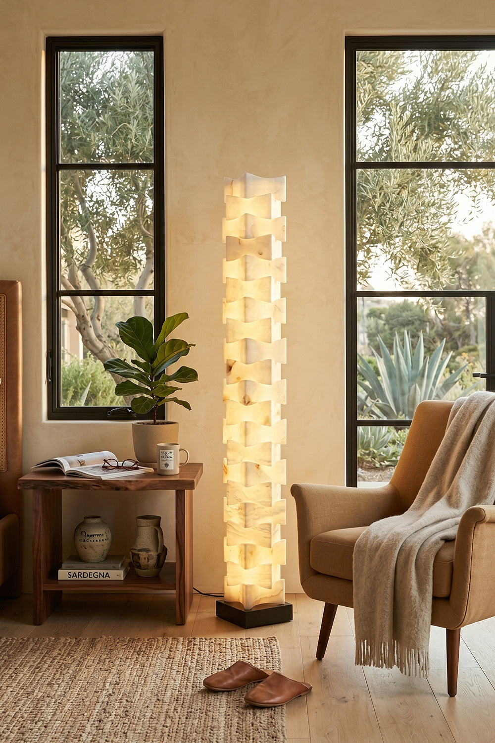 Ethereal Monolith Alabaster Floor Lamp | Lit in cozy reading or office nook | Placed between bookshelf and dark wood desk | Desert landscape views | vexa lamps