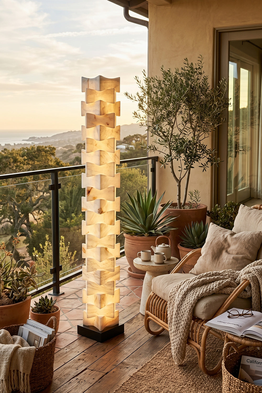 Ethereal Monolith Alabaster Floor Lamp | Lit on outdoor patio or balcony at dusk | Surrounded by potted olive tree and terracotta | Stucco wall background | Distant hill views | vexa lamps