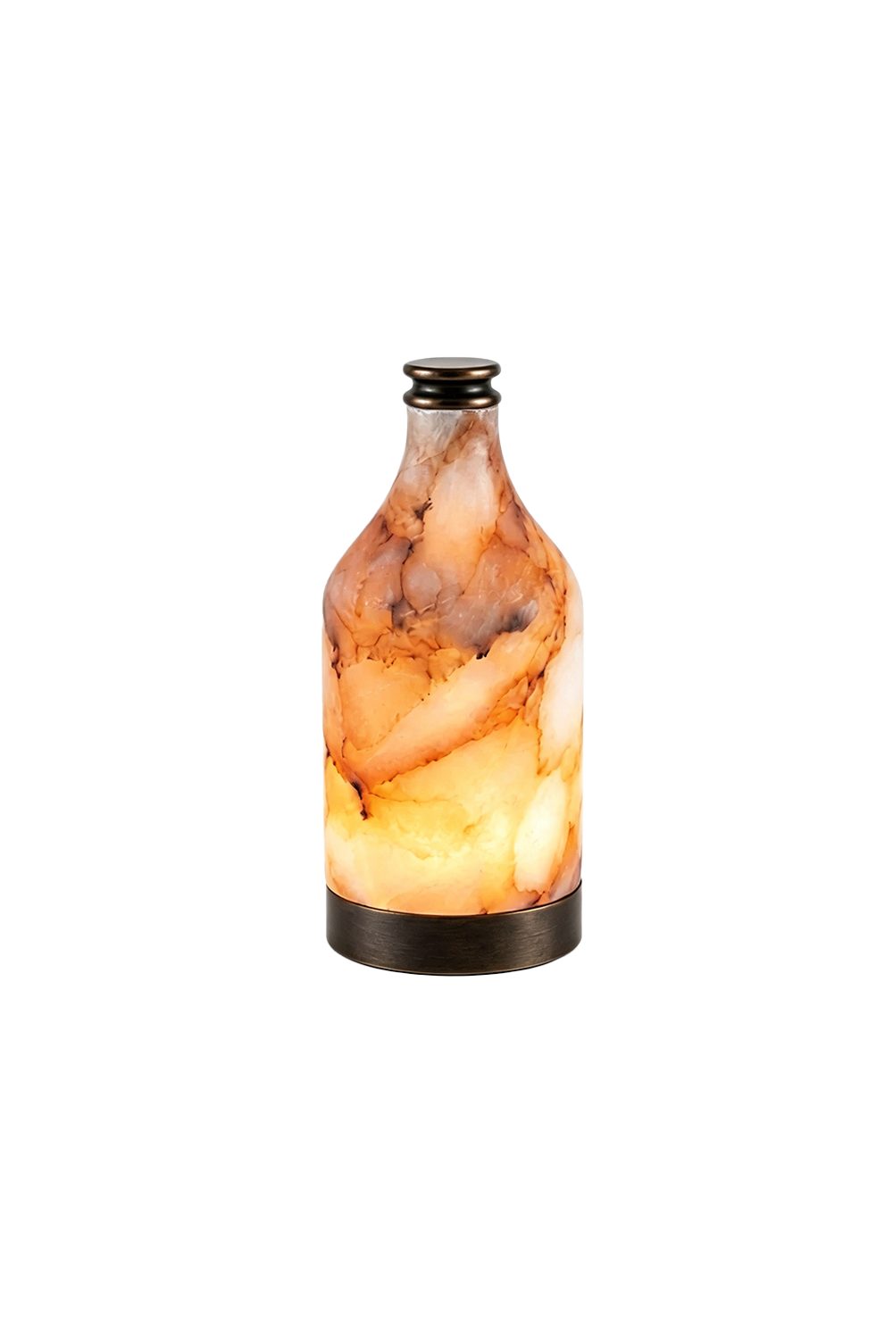 Evander Alabaster Bottle Table Lamp | Alabaster, Metal | Fully illuminated bottle-shaped natural alabaster table lamp featuring rich fiery orange and grey stone veining on a dark circular base | Isolated product shot on white background | vexa lamps