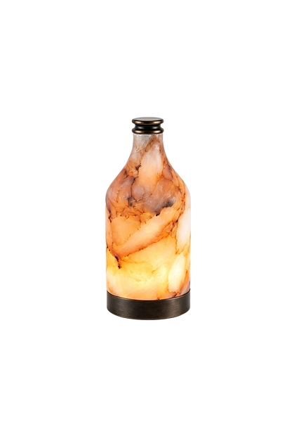 Evander Alabaster Bottle Table Lamp | Alabaster, Metal | Fully illuminated bottle-shaped natural alabaster table lamp featuring rich fiery orange and grey stone veining on a dark circular base | Isolated product shot on white background | vexa lamps