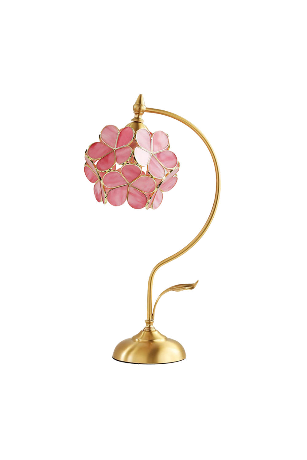Evanthe Blossom Stained Glass Table Lamp | Stained Glass, Metal | Whimsical vintage flower-shaped table lamp featuring a pink glass petal shade suspended from a curved gold brass stem with a delicate leaf accent | Isolated lit product shot on white background | vexa lamps
