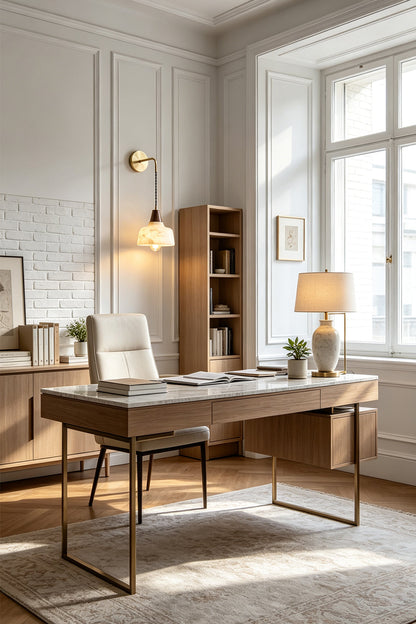Everett Alabaster Hook-Arm Wall Sconce illuminating a modern office space with a wooden desk.