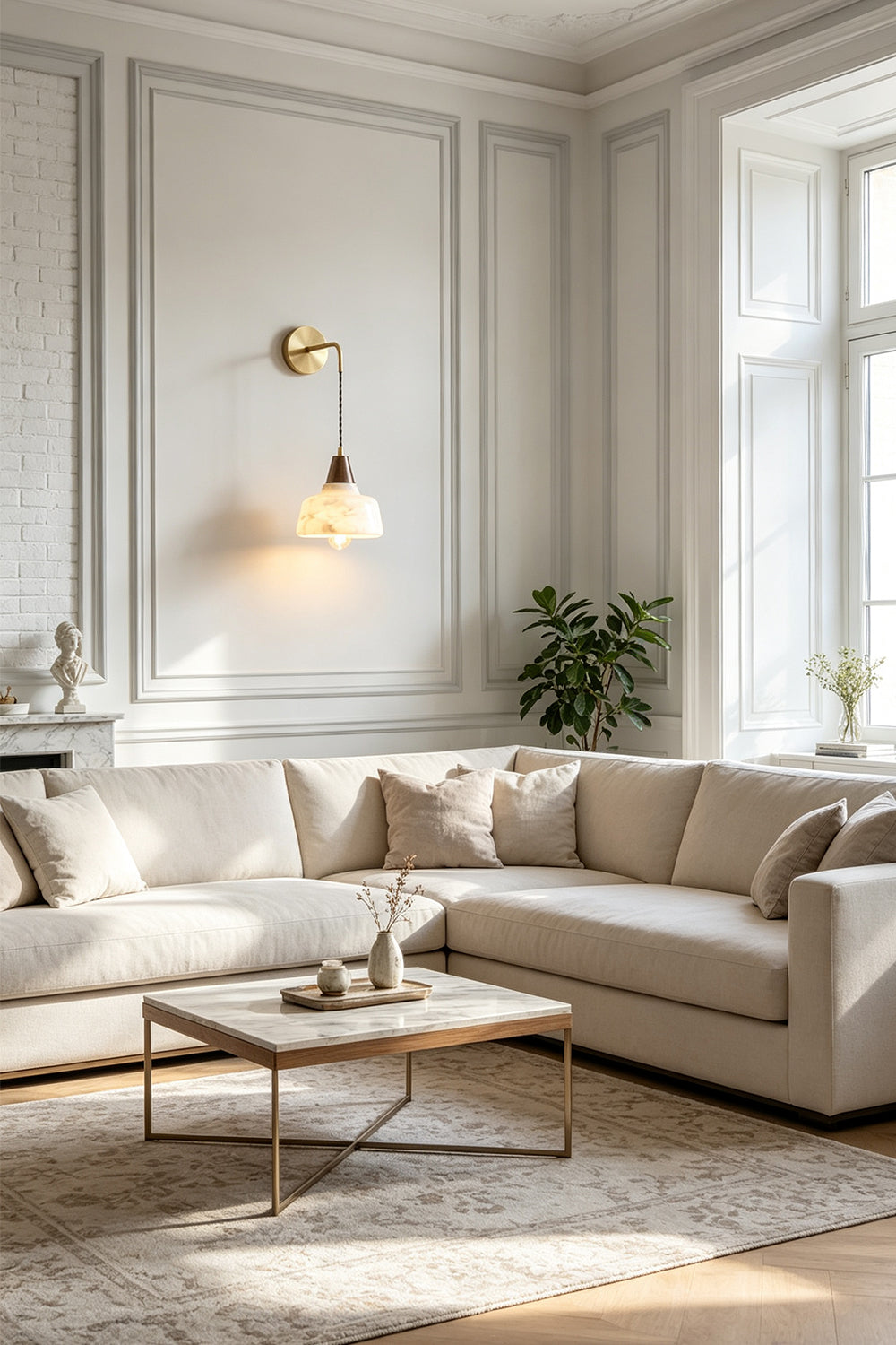 Everett Alabaster Hook-Arm Wall Sconce illuminating a modern living room interior with neutral tones.