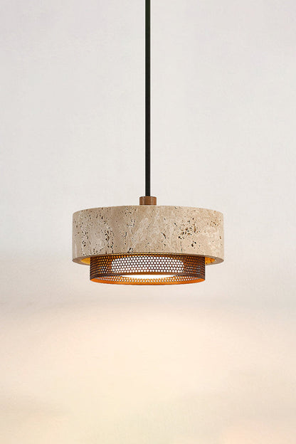 Evora Travertine Pendant Light featuring beige travertine stone and patterned metal diffuser for modern lighting.