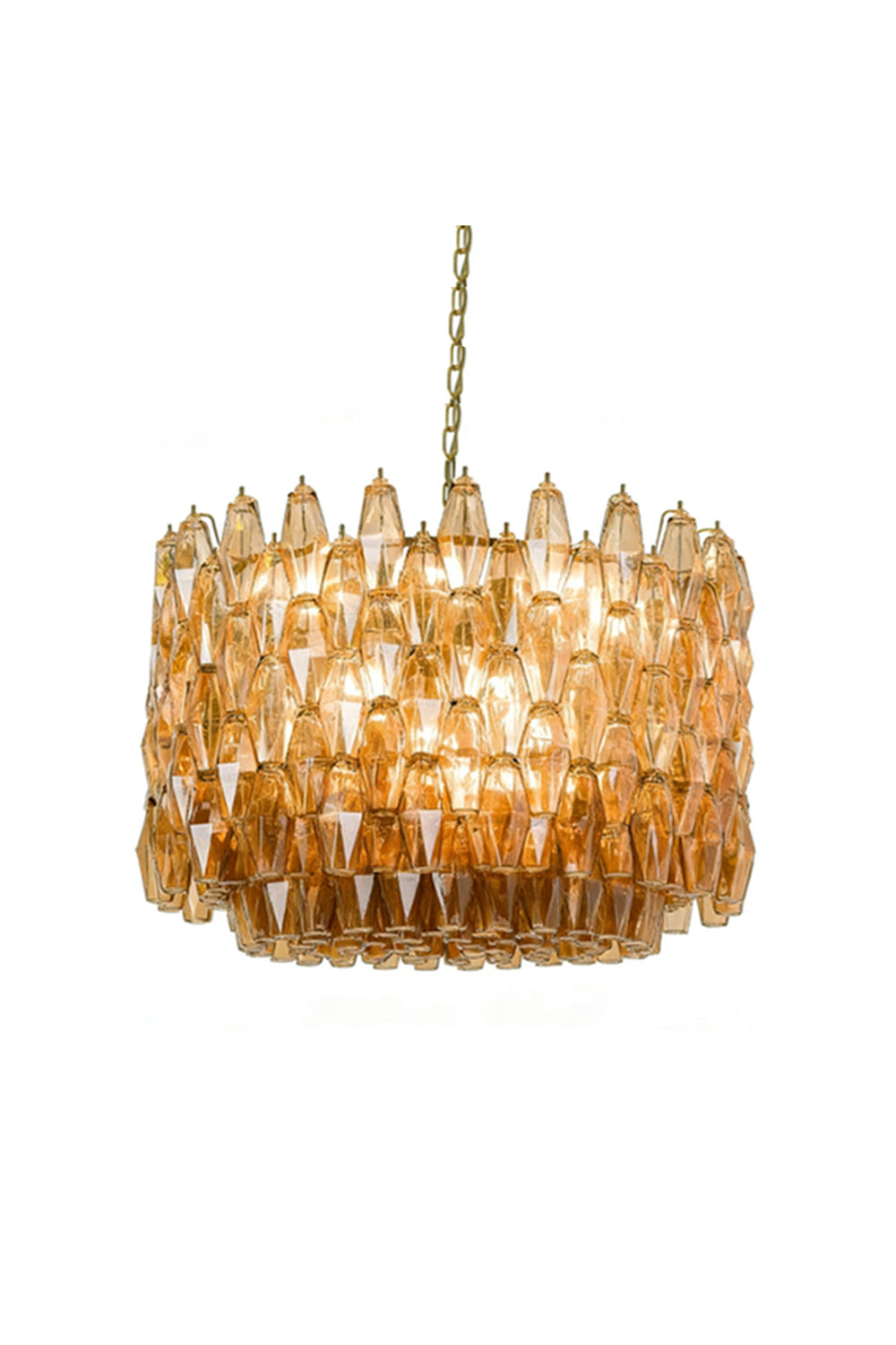 Faceted amber glass drum chandelier with brass chain | Metal, Glass | Lit front view isolated on white background | vexa lamps