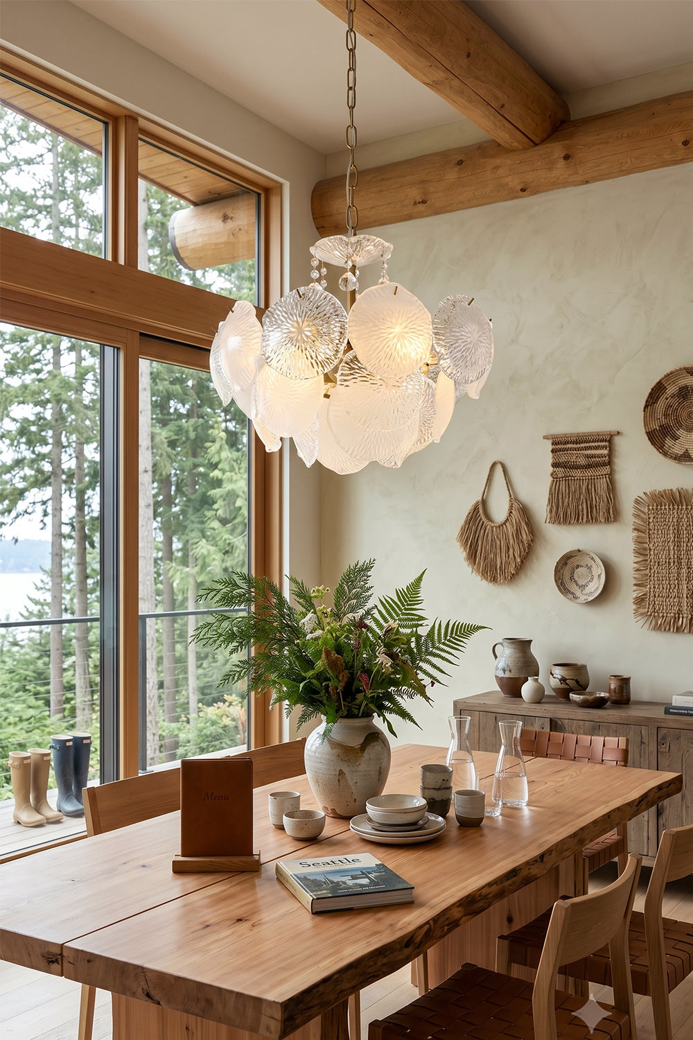 Fiore Radiance Glass Disc Chandelier illuminating a rustic dining space with wooden furniture and greenery.