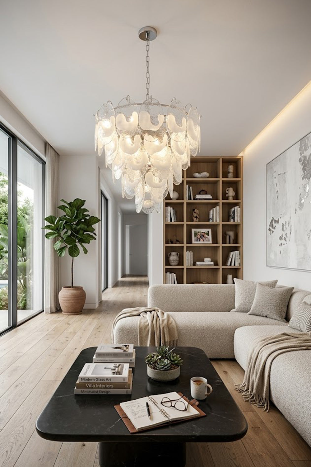 Frostelle glass leaf chandelier providing warm ambient light | Metal, Glass | Living room scene with beige sofa and bookshelves | vexa lamps