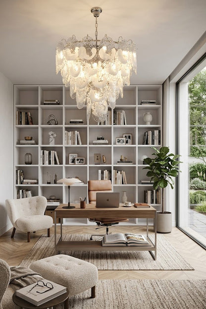 Artistic glass chandelier for home office or library | Metal, Glass | Installed in a study with a large wooden desk | vexa lamps