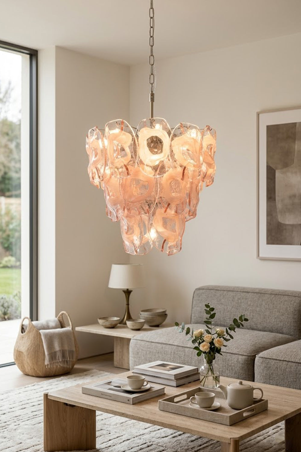 Elegant pink glass chandelier | Metal, Glass | Installed in a modern living room with grey sofa | vexa lamps