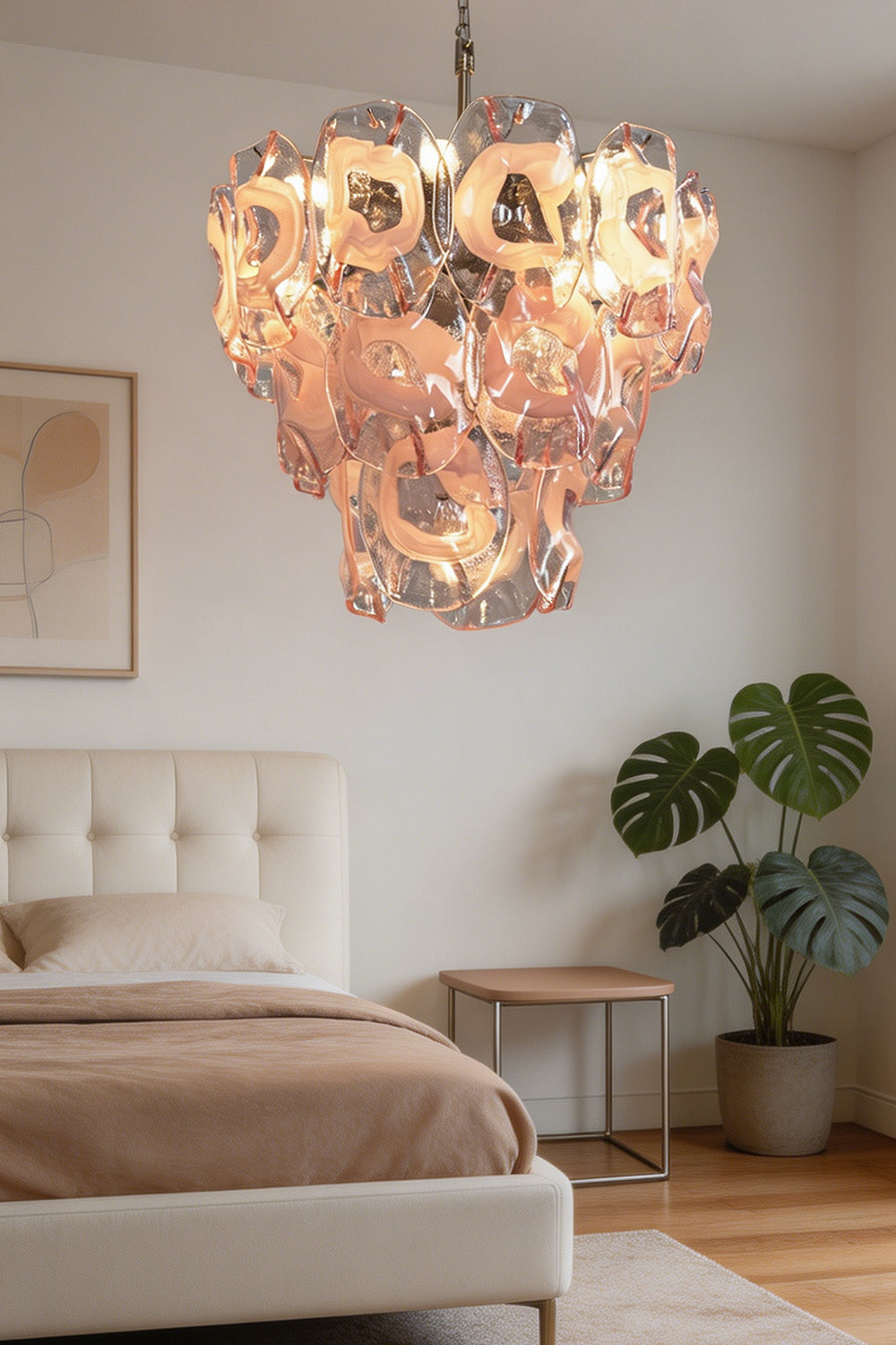 Romantic pink glass chandelier | Metal, Glass | Mounted in a cozy bedroom with tufted bed | vexa lamps