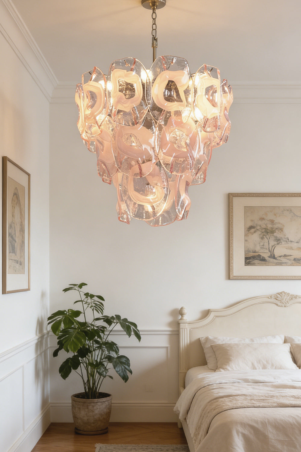 Frostelle pink glass chandelier | Metal, Glass | Hanging in a bedroom with classic wall art | vexa lamps