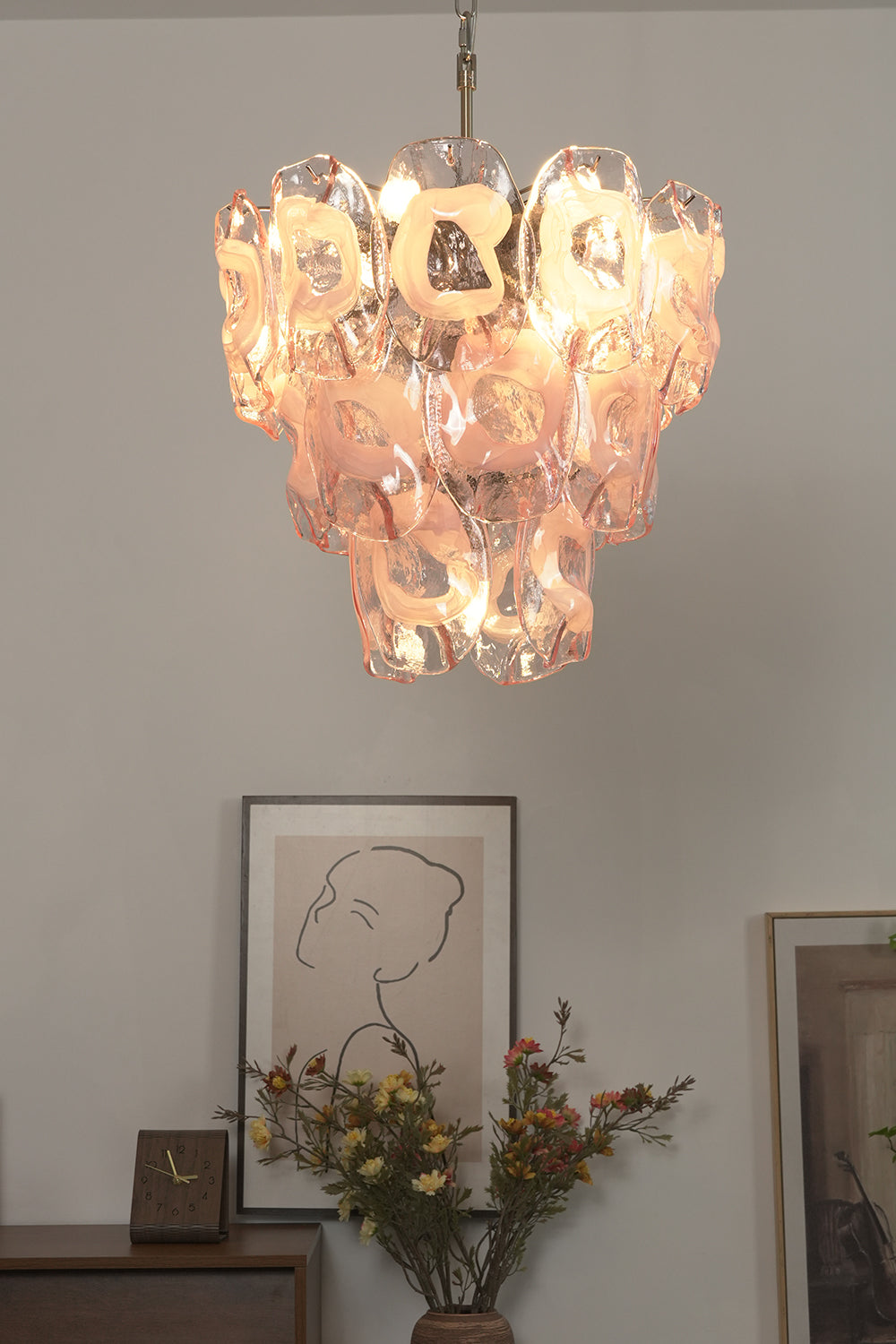 Delicate pink glass chandelier | Metal, Glass | Interior scene in a bright hallway with plants | vexa lamps
