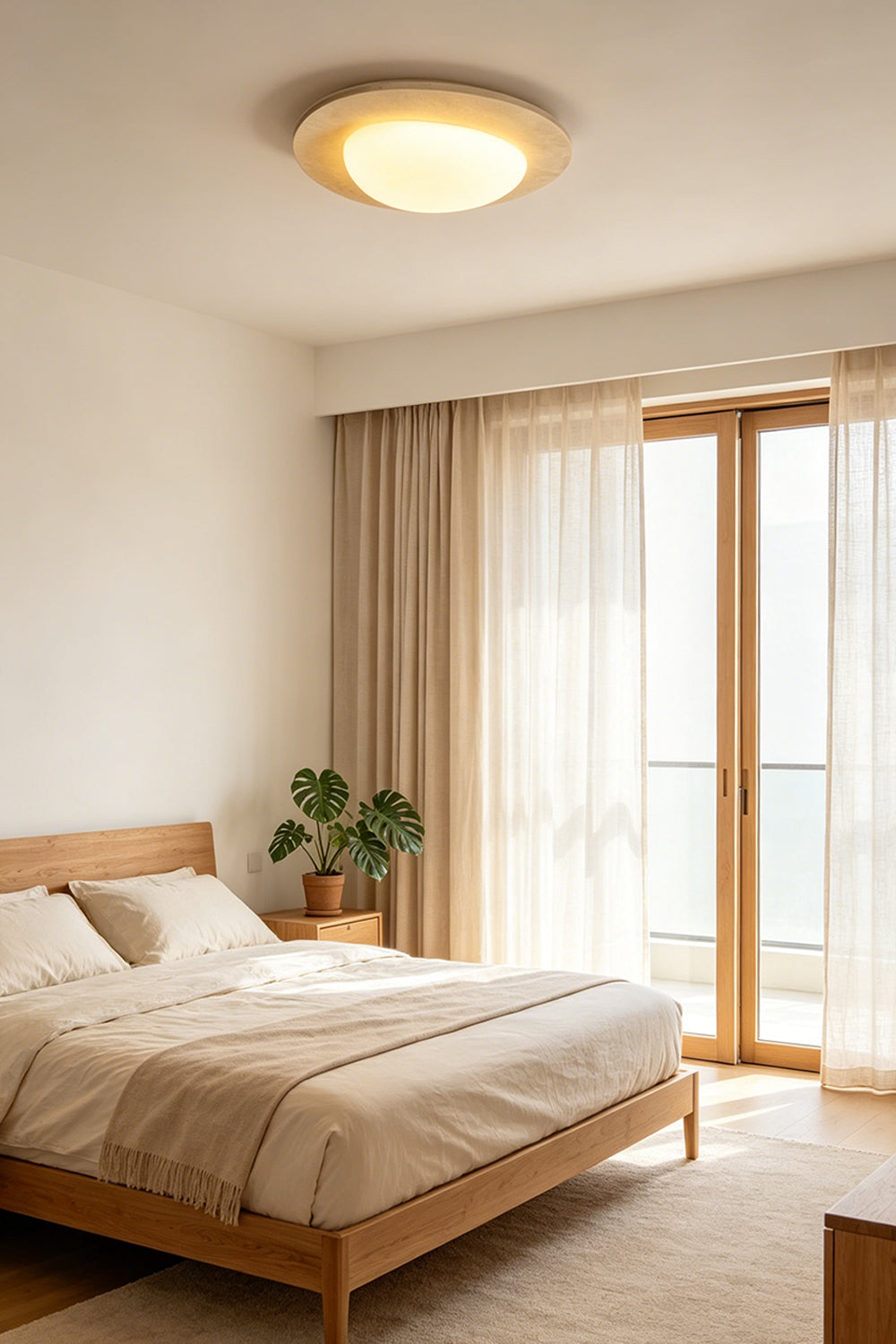 Geoidal Halo Travertine Ceiling Light | Travertine, Glass | Lit in a cozy bedroom with wood bed frame and balcony access | vexa lamps