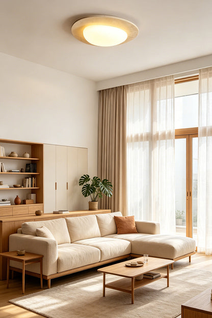 Geoidal Halo Travertine Ceiling Light | Travertine, Glass | Illuminated in a minimalist living room with a corner sofa | vexa lamps