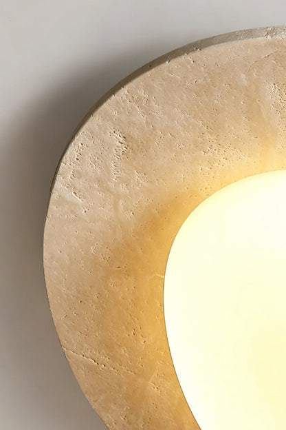 Travertine Ceiling Light Detail | Travertine, Glass | Close-up of lit stone halo edge | Porous texture and warm glow | vexa lamps