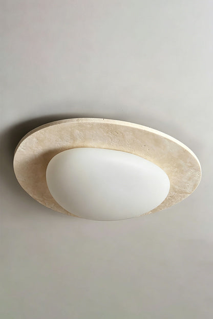 Travertine Ceiling Light Detail | Travertine, Glass | Center oval diffuser view against grey ceiling | Smooth glass focus | vexa lamps