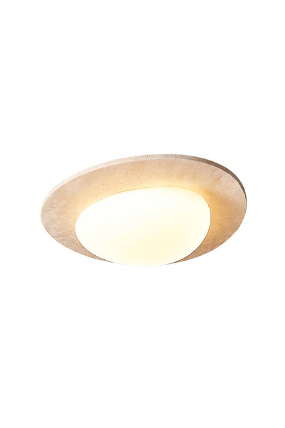 Geoidal Halo Travertine Ceiling Light | Travertine, Glass | Isolated unlit view | Asymmetric stone halo with center diffuser | vexa lamps