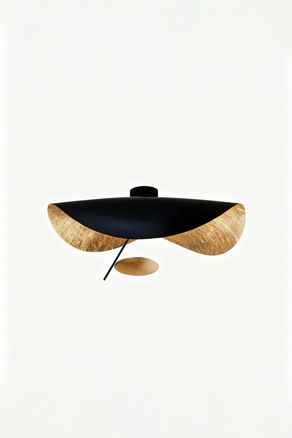 Gold-Tone Sculptural Ceiling Light featuring a wave-like design in matte black and crinkled gold finish.