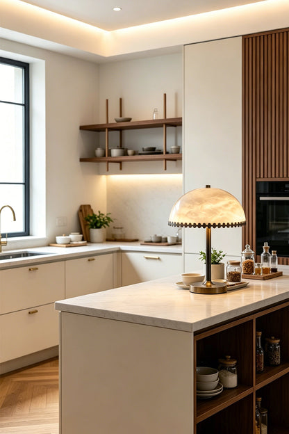 Helena Alabaster Trim Table Lamp | Kitchen Counter Lamp | Staged gracefully on a pristine off-white kitchen island breakfast bar counter with open wooden shelving behind | vexa lamps