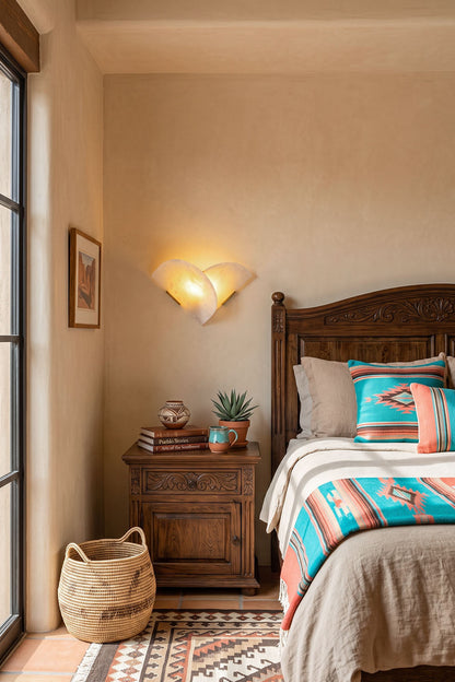 Hollis Angled Alabaster Wall Lamp | Natural Alabaster and Metal | Mounted on a bedroom wall beside a wooden bed and nightstand | vexa lamps