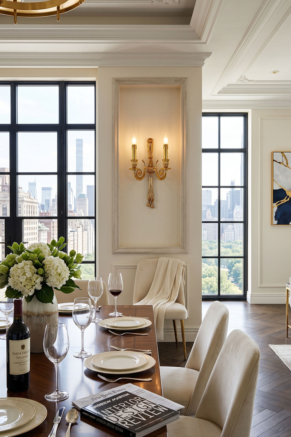 Honoria Rope and Tassel Brass Sconce | Brass and Metal | Decorating a wall between large windows in an elegant dining room | vexa lamps