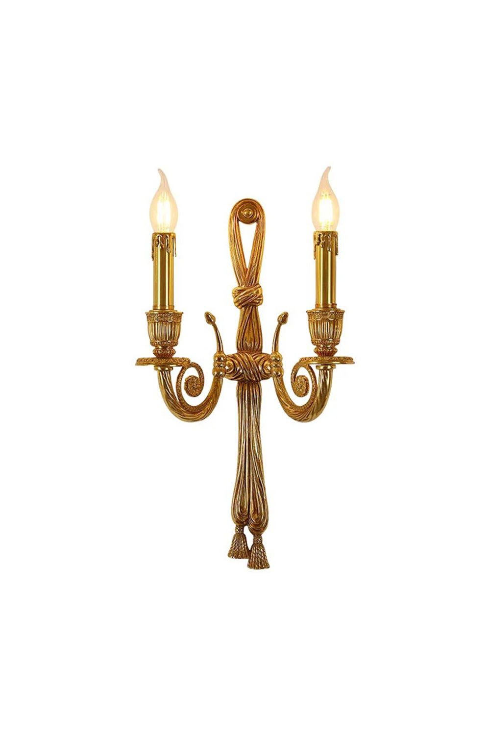 Honoria Rope and Tassel Brass Sconce | Brass and Metal | Front full view on a pure white background, illuminated | vexa lamps