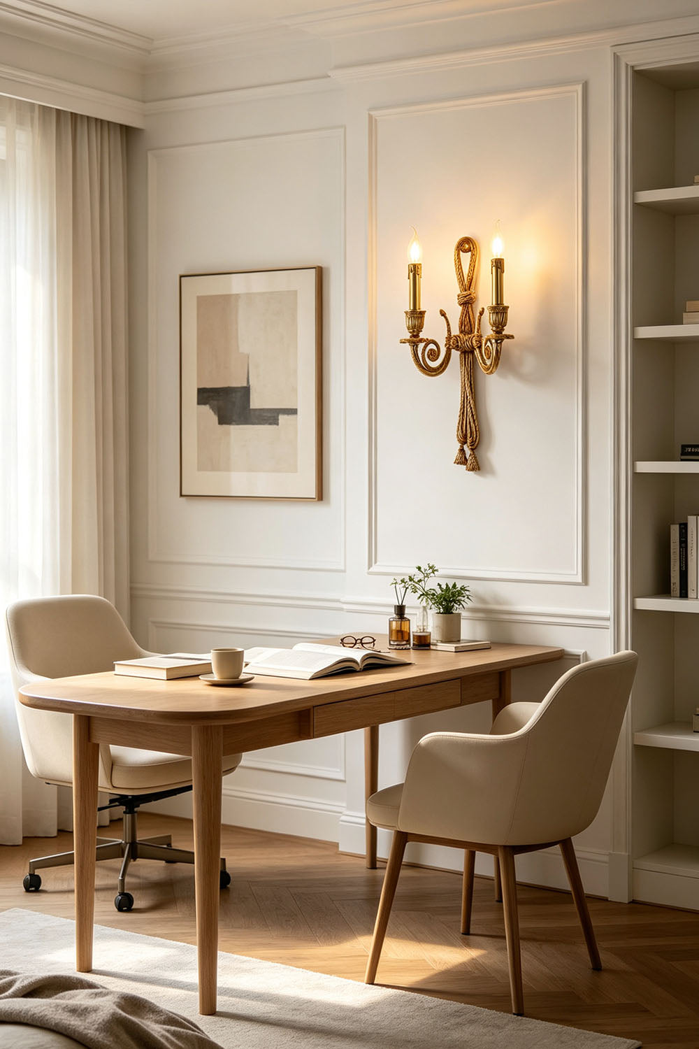Honoria Rope and Tassel Brass Sconce | Brass and Metal | Displayed in an elegant home office near a wooden desk and chair | vexa lamps