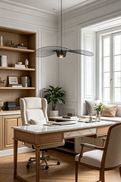 Artistic black wide-brim pendant light | Metal | Polyurethane elastic cloth | Glass fiber | Installed in a home office above a white desk | vexa lamps