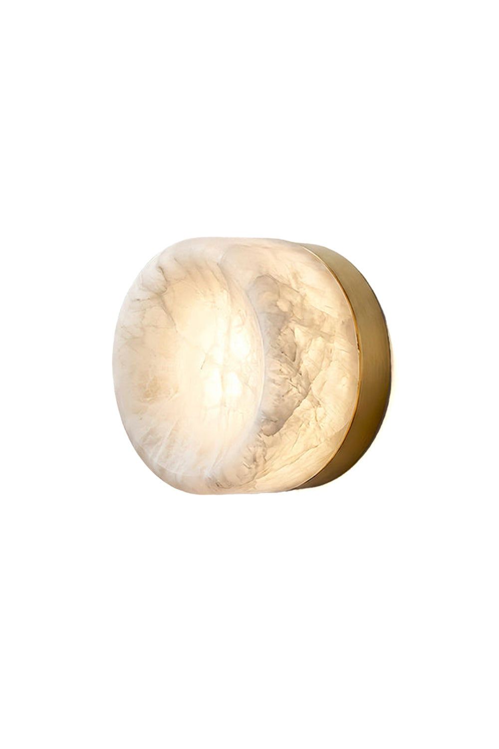 Isolde Concave Alabaster Disc Wall Sconce | Natural Alabaster and Brass | Glowing softly against a pure white background showcasing the carved concave stone shade | vexa lamps