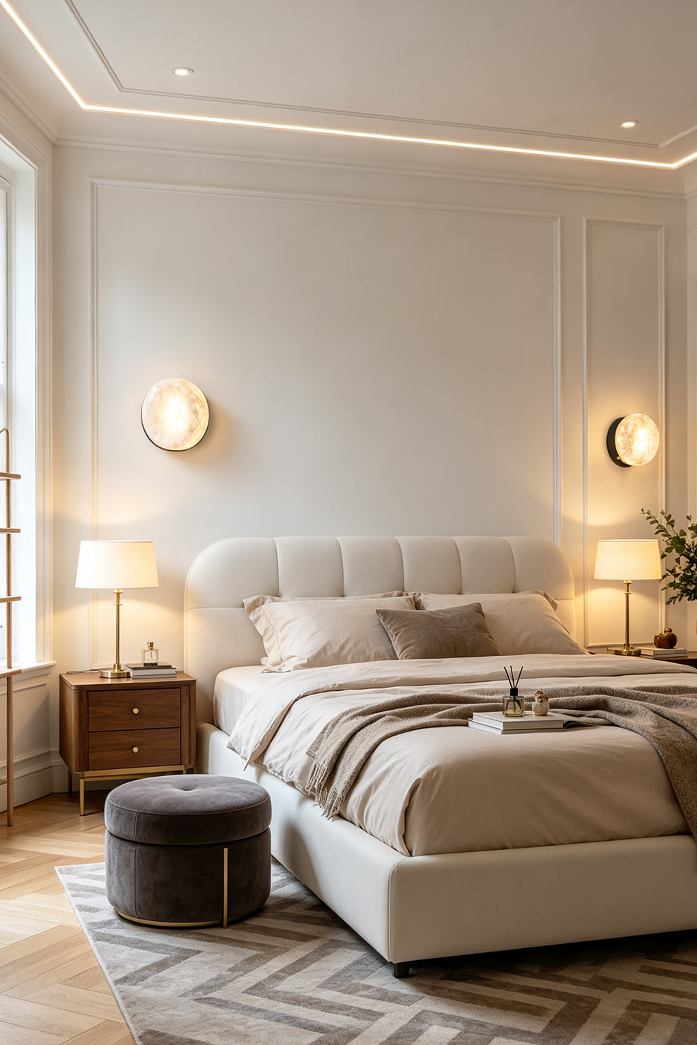 Isolde Concave Alabaster Disc Wall Sconce | Natural Alabaster and Brass | Installed above a bedside table in a cozy modern bedroom with warm neutral tones | vexa lamps