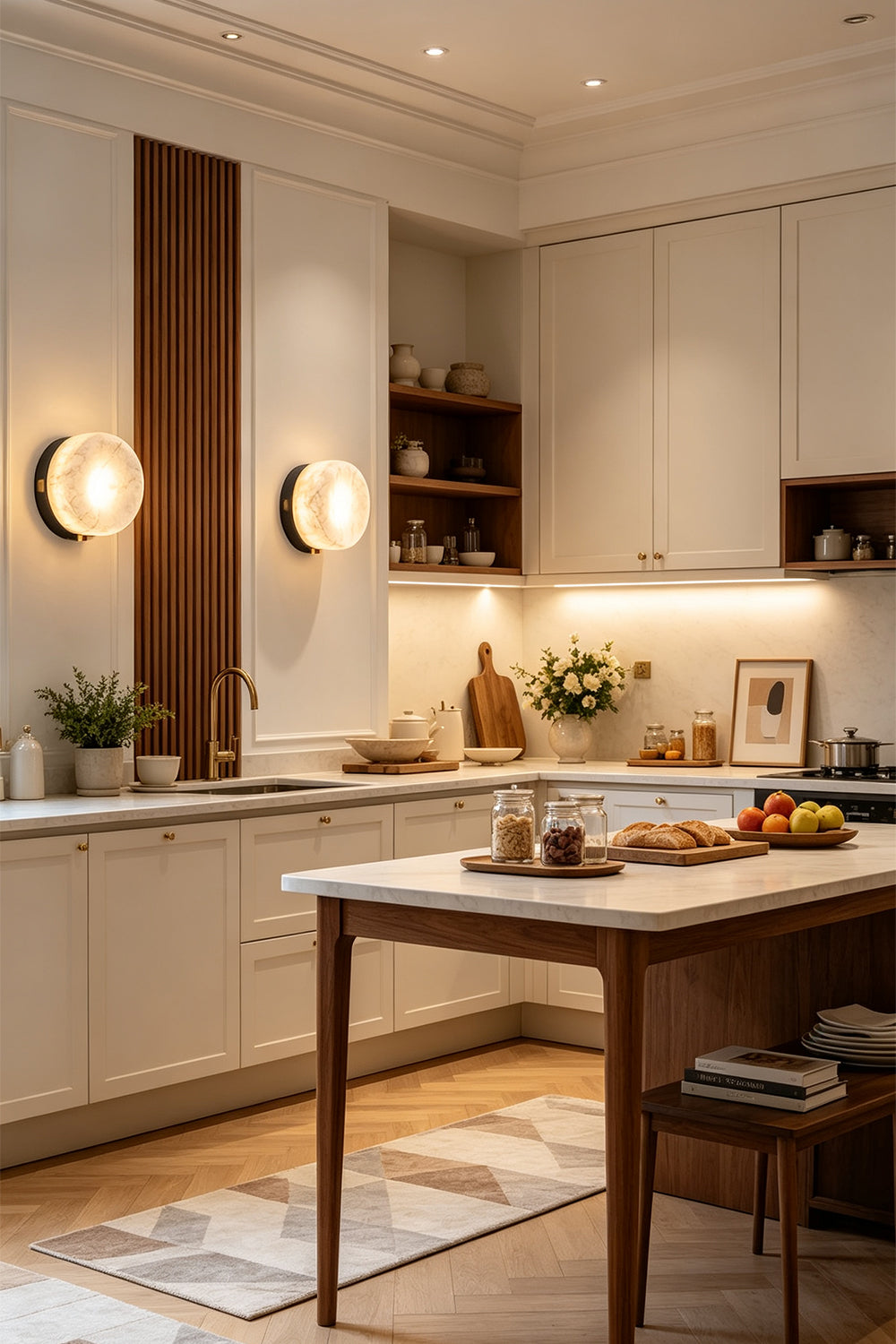 Isolde Concave Alabaster Disc Wall Sconce | Natural Alabaster and Brass | Styled on a wall in a spacious kitchen casting a soft warm glow over the counter area | vexa lamps
