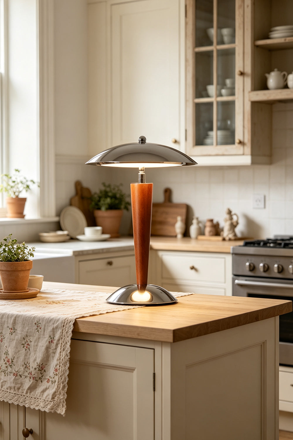Isolde Domed Walnut Table Lamp | Kitchen Counter Lighting | Standing lit on a solid wood kitchen island countertop next to white cabinetry and a glass display cupboard | vexa lamps