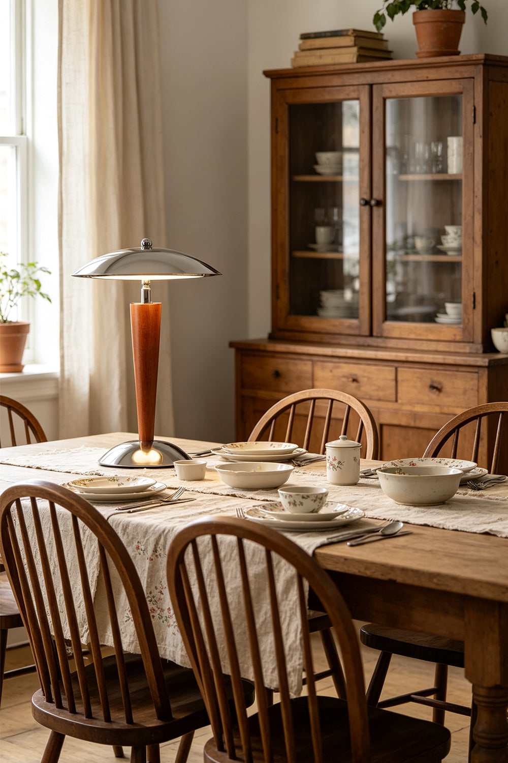 Isolde Domed Walnut Table Lamp | Dining Table Centerpiece | Positioned as a charming illuminated centerpiece on a long rustic wooden dining table with high-back wooden chairs | vexa lamps