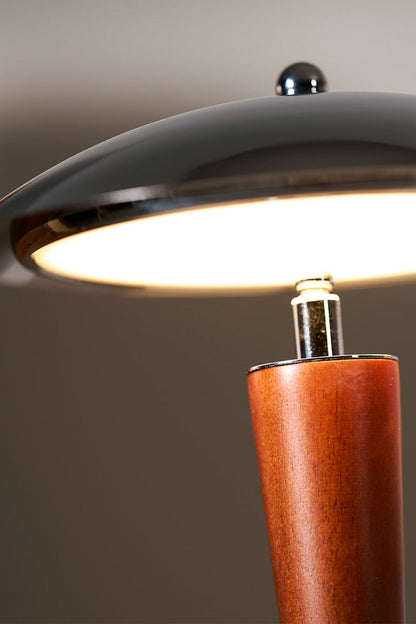 Isolde Domed Walnut Table Lamp | Underside Shade Detail | Close-up view from below looking under the chrome dome shade highlighting the integrated led panel and polished metallic texture | Detail shot | vexa lamps