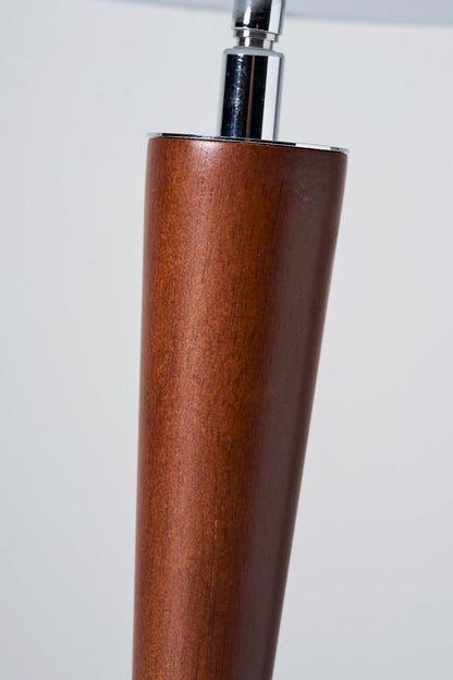 Isolde Domed Walnut Table Lamp | Walnut Stem Detail | Macro close-up shot focusing on the smooth organic grain of the tapered walnut wood body and the chrome neck connector | Detail shot | vexa lamps