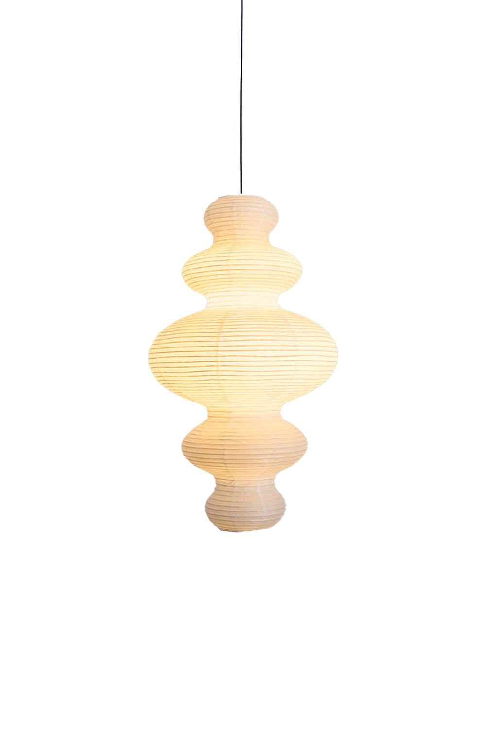 Isolde Stacked Paper Pendant Lamp | Textured Ribbed Paper | Glowing softly against a clean white background showcasing its unique sculpted silhouette | vexa lamps