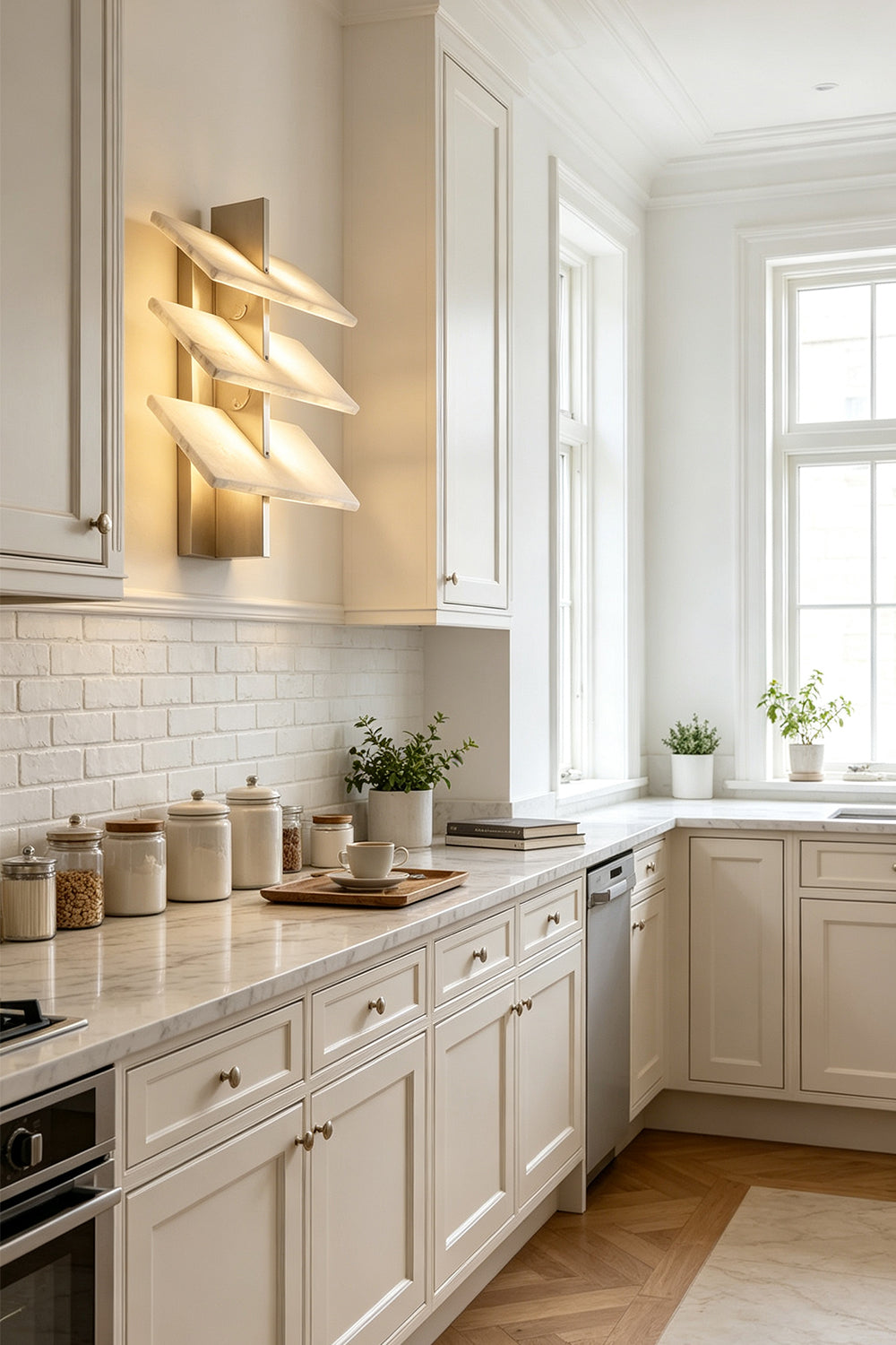 Isolde Tiered Alabaster Slab Wall Sconce illuminating a modern kitchen with white cabinetry and natural light.