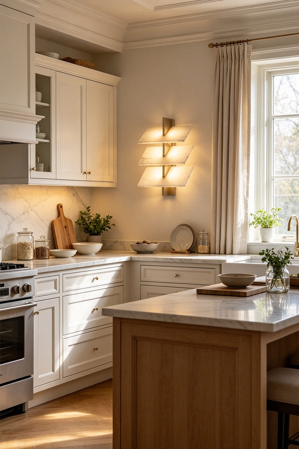 Isolde Tiered Alabaster Slab Wall Sconce illuminating a modern kitchen with warm light and stylish decor.